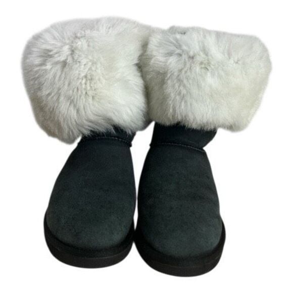 Ugg Classic Short 5800 Grey Leather Boots Size M9 Sheepskin Faux Fur Pull On Cuf - Picture 3 of 14